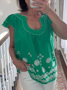Max Edition Boho Green Embroidered Flutter Sleeve Cotton Top